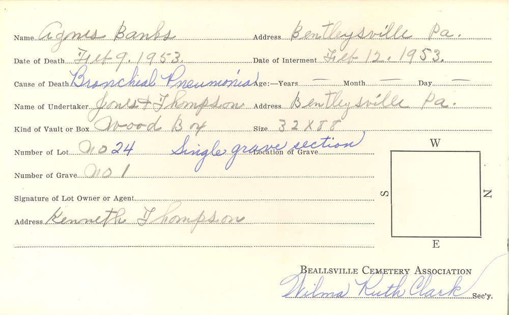 Agnes Banks burial card